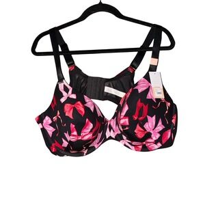 Cacique Bra Women 48D Black Pink Red Bow Underwire Lightly Lined Lane Bryant New